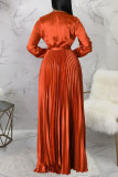 Tangerine Red Casual Elegant Solid Bandage Patchwork Falten V-Ausschnitt Gerade Kleider