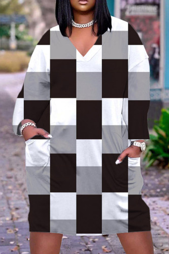 Black White Casual Print Patchwork Basic V Neck Long Sleeve Dresses