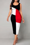 Vestidos retos preto vermelho com estampa casual patchwork decote em U