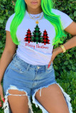 Camisetas com estampa de patchwork letra O para festas de rua brancas com árvore de Natal