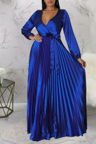 カラフルなブルー カジュアル エレガント ソリッド バンデージ パッチワーク フォールド V ネック ストレート ドレス