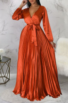 Tangerine Red Casual Elegant Solid Bandage Patchwork Fold V-образным вырезом Прямые платья