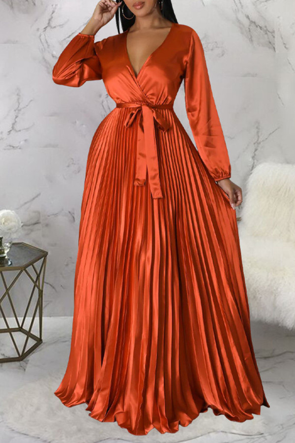 Tangerine Red Casual Elegant Solid Bandage Patchwork Falten V-Ausschnitt Gerade Kleider