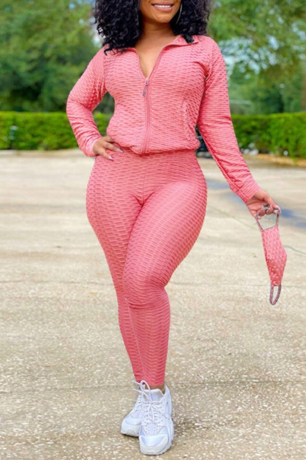 Pink Casual Solid Patchwork Zipper Collar Long Sleeve Two Pieces (With Mask)