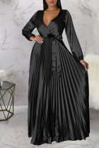Negro Casual Elegante Sólido Vendaje Patchwork Pliegue V Cuello Vestidos Rectos