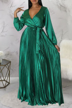 Verde Casual Elegante Sólido Vendaje Patchwork Pliegue V Cuello Vestidos Rectos