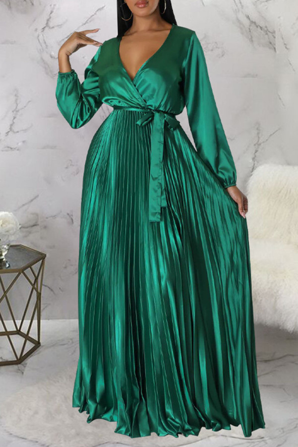 Grüne, lässige, elegante, solide Verband-Patchwork-Falte mit V-Ausschnitt, gerade Kleider