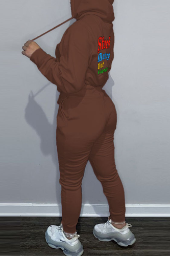 Brown Casual Letter Print Hooded Collar Long Sleeve Sweatshirt And Pants Sportwear Two Piece Jogger Set