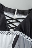 Vestidos de manga comprida preto branco estampado casual patchwork decote em v
