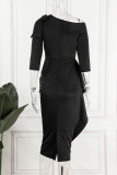 Vestido irregular de cuello oblicuo de patchwork sólido casual negro Vestidos