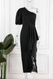 ブラック セクシー フォーマル ソリッド パッチワーク バックレス 斜め襟 イブニングドレス ドレス