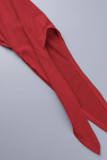 赤 カジュアル ソリッド バンデージ パッチワーク Oネック ストレート ドレス