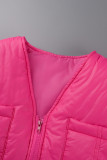 Prendas de abrigo con cuello en V y cremallera de patchwork sólido de calle informal rosa