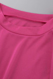 Rose Red Casual Sportswear Solid Patchwork Fold O Neck Long Sleeve Two Pieces