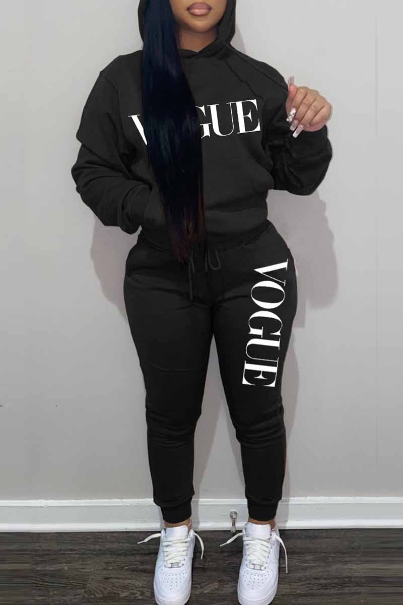 

Black Casual Print Letter Hooded Collar Long Sleeve Two Pieces