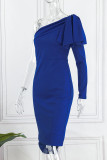Vestidos de saia de um passo com gola oblíqua azul elegante de patchwork sólido