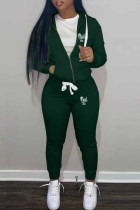 Чернила Зеленая спортивная одежда с буквенным принтом Воротник с капюшоном Длинный рукав Из двух частей