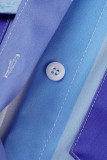 ブルー カジュアル ストライプ プリント パッチワーク バックル ターンダウン カラー シャツドレス ドレス