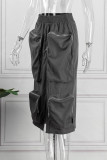 Grey Casual Street Solid Patchwork Pocket Slit Straight High Waist Straight Solid Color Bottoms