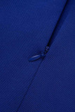 Blå Elegant Solid Patchwork Oblique Collar One Step Kjolklänningar