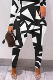 Black Street Print Patchwork One Shoulder Long Sleeve Two Pieces