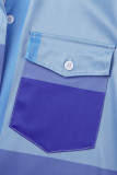 Синее повседневное платье-рубашка в полоску с принтом в стиле пэчворк и пряжкой с отложным воротником Платья