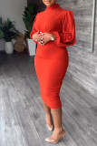 Rojo casual elegante sólido patchwork medio cuello alto un paso falda vestidos