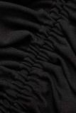 Negro Sexy Sólido Patchwork Draw String Fold V Cuello Lápiz Falda Vestidos