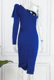 Robes de jupe en une étape à col oblique élégant patchwork solide bleu