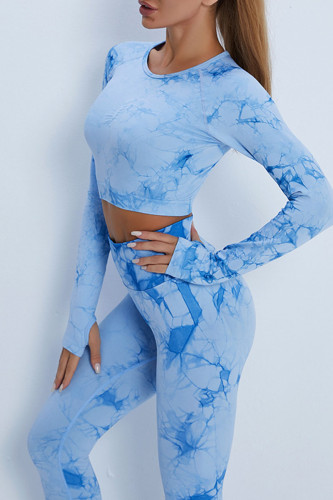 Blue Casual Sportswear Print Patchwork O Neck Long Sleeve Two Pieces