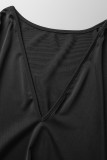 ブラック セクシー ソリッド パッチワーク フェザー 非対称 V ネック イブニングドレス ドレス