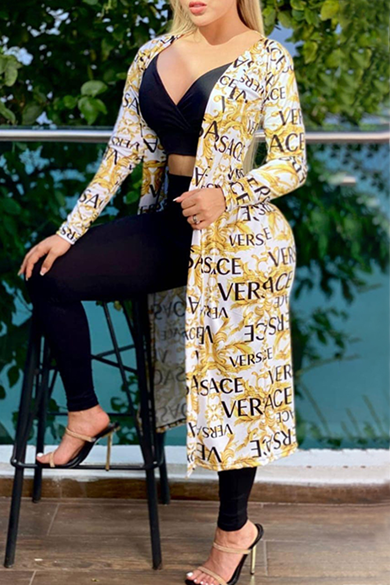 

White Casual Print Letter Cardigan Collar Outerwear