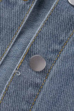 Light Blue Casual Solid Frenulum Turndown Collar Long Sleeve Regular Denim Jacket