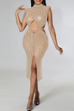 Apricot Sexy Patchwork Hot Drilling Hollowed Out See-through Slit Half A Turtleneck Sleeveless Dress