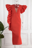 Orange Red Sexy Formal Solid Patchwork See-through V Neck Evening Dress Dresses