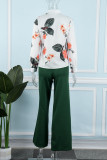Black Casual Print Patchwork Buckle Mandarin Collar Long Sleeve Two Pieces