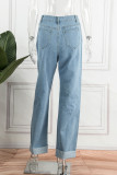 Jeans in denim normale a vita alta con patchwork solido blu medio