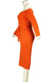 Tangerine Red Casual Print Patchwork Off the Shoulder Falda de un solo paso Vestidos de talla grande