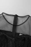 Svart sexig formell solid tofs Patchwork Genomskinlig O-hals kortärmad klänning