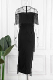 Vestido de manga corta con escote en O transparente con retazos de borla sólida formal sexy negro Vestidos