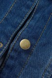 Dunkelblaue, lässige, solide, zerrissene Patchwork-Umlegekragen-Langarm-Jeansjacke