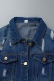 Dark Blue Casual Solid Ripped Patchwork Turndown Collar Long Sleeve Regular Denim Jacket