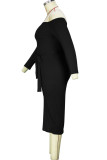Zwarte casual print patchwork off-shoulder eenstaps rok plus size jurken