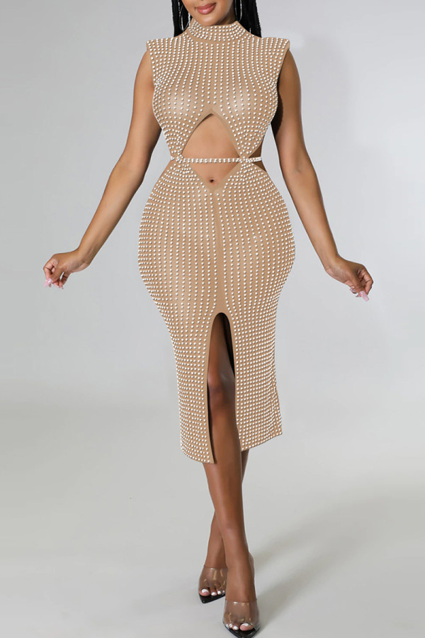 Абрикосовое сексуальное лоскутное платье без рукавов с глубоким вырезом и прозрачным разрезом, половина водолазки