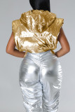 Vêtement d'extérieur à col à capuche avec fermeture à glissière en patchwork de bandage solide décontracté doré