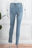 Deep Blue Casual Solid Patchwork High Waist Ripped Skinny Denim Jeans