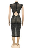 Black Sexy Patchwork Hot Drilling Hollowed Out See-through Slit Half A Turtleneck Sleeveless Dress