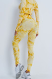 Желтый Повседневная спортивная одежда С принтом Пэчворк Круглый вырез Длинный рукав Из двух частей