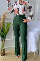 Army Green Casual Print Patchwork Buckle Mandarin Collar Long Sleeve Two Pieces