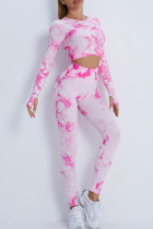 Roze casual sportkleding, print, patchwork, ronde hals, lange mouwen, tweedelig